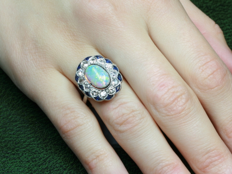 Estate opal engagement ring diamond sapphire platinum (image 18 of 21)